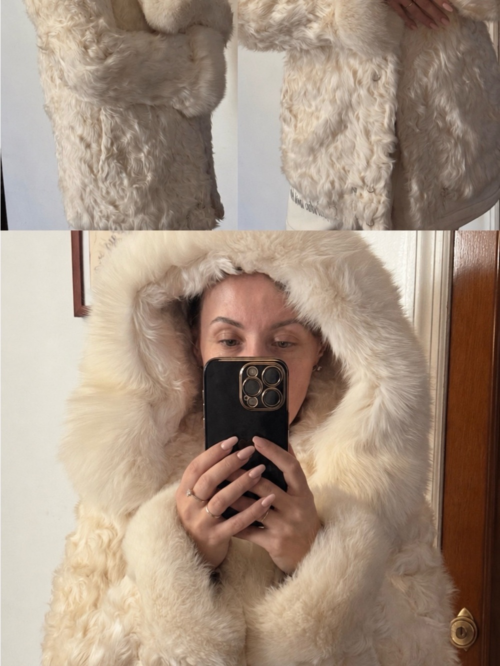Luxury white curly sheep fur coat jacket with arctic fox hood - Picture 5 of 17